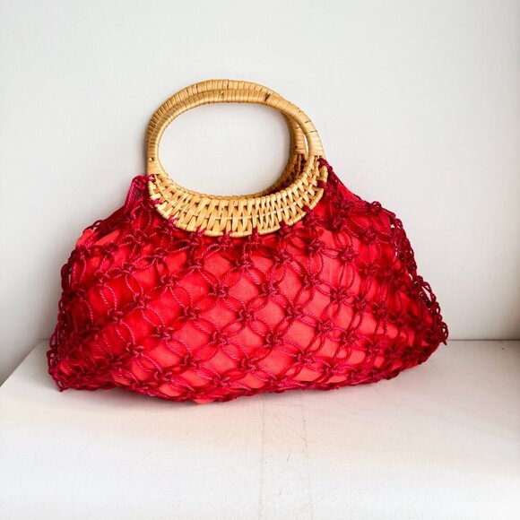 Vintage Pink Woven Braided Raffia Handle Medium Tote Bag - Picture 3 of 6